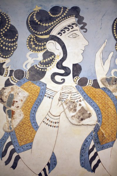 Minoan Art. Details of the Ladies in Blue fresco. Composition of richly dressed and lavishly bejeweled female figure depicted against a blue ground. Despite its fragmentary condition this wall painting transmits the meaning of opulence and prosperity by Unbekannt Unbekannt